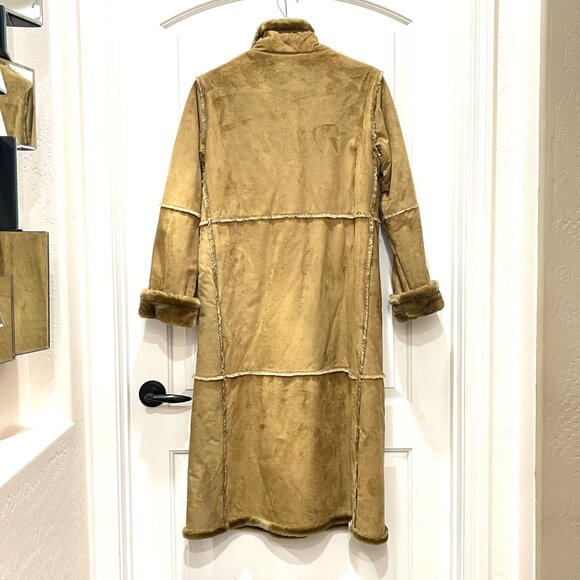 New St. John's Bay Tan Brown Vegan Faux Suede Fur Long Coat PS Petite Small - Picture 6 of 9